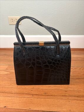 Vintage Deauville 1960’s Genuine Black Crocodile Skin Top Handle Bag